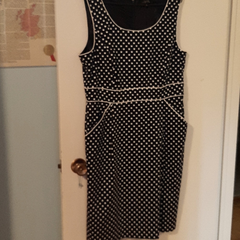 Tahari navy blue with white polka dots dress size 16. Polished cotton.